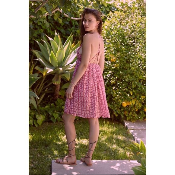 NEW  By Anthropologie Pink Floral Cotton Gauze Halter Dress Cover-Up Medium - Picture 2 of 3